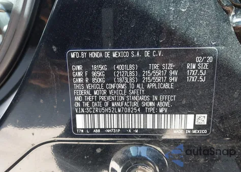 2020 Honda Hr-V 2Wd Ex z USA, uszkodzony, nr VIN 3CZRU5H52LM708254